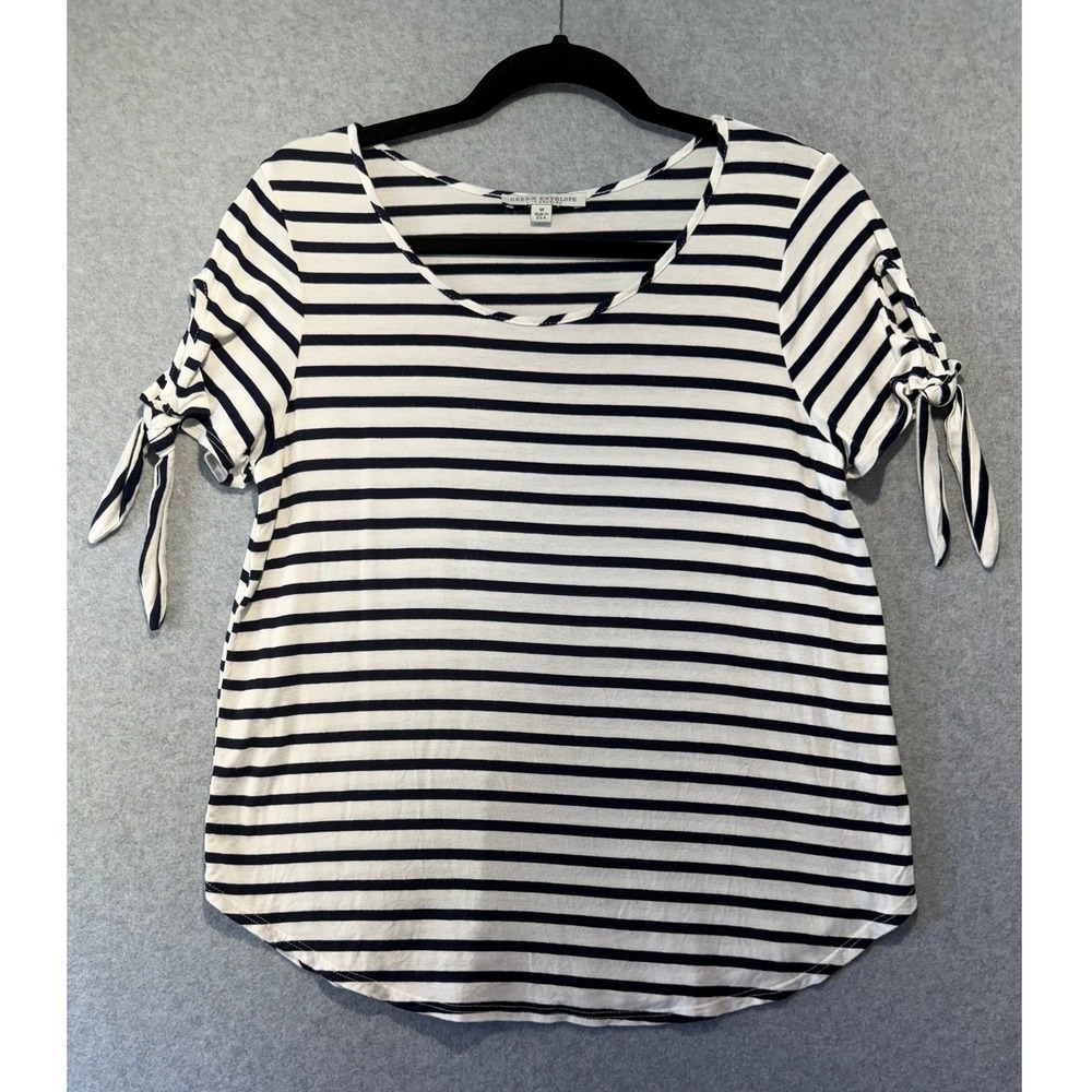 Green Envelope Los Angeles Striped Tie Sleeve Top Navy White Size M Made in USA